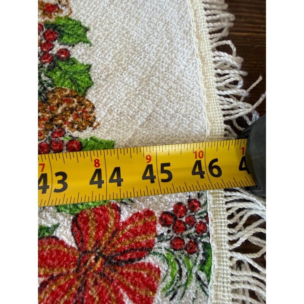 Vintage Christmas Tree Skirt 46 Inch Round Santa Sleigh Fringe Trim Woven White - Picture 2 of 9